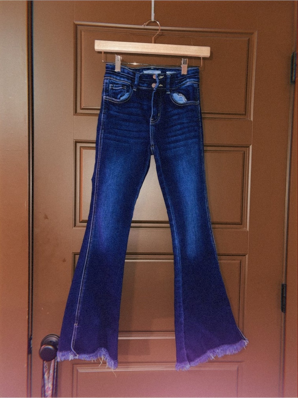Dark Blue Flare Jeans with Frayed Hem - Girls